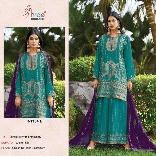 shree fabs r 1184 chinon wholesale suit   shree fabs r 1184 chinon wholesale suit 2025 05 10 15 48 05 
                     shree fabs r 1184 chinon wholesale suit
                     
                     
                     
                     Specification :
                     
                        
                           
						   
								Product Date:
								10-05-2025
							
                             							
								Name:
								Shree Fabs R 1184 Chinon Wholesale Suit
							
																					
								Cname:
								 R 1184 
							
														
								Brand:
								Shree Fab
							
							
														
								Total Design:
								8 Pcs
							
														
														
								Per Piece Rate:
								INR 1950
							
														
														
								Full Catalog Rate:
								INR 15600								+ (5 % GST) + Shipping Charge
								
							
														
														
								Weight:
								8 Kg
							
																					
								Moq:
								Minimum 8 Pcs
							
														
														
														
								Type:
								Pakistani Salwar Kameez
							
														
							
							
														
								Fabric:
								
									Chinnon								
							
																																																								
														
														
														
								Other Details:
								Design number R-1182- colour 

Top chinon embrodered

 KHATLI WORK

Bottom chinon Embrodery divider plazo sarara

Duppta chinon

Rate 1950/-

Shree fabs surat