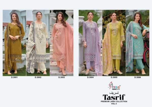 shree fabs - tasrif vol-3   shree fabs tasrif vol 3 3001 3006 series cotton with embroidered salwar suit wholesaler surat 0 2025 05 27 15 52 43.jpg shree fabs tasrif vol-3 3001-3006 series cotton with embroidered salwar suit wholesaler surat Catalogue Name : 27th May 2025 Name of Product : shree fabs - tasrif vol-3  No of Design : 6 Piece (MOQ : 1 Set) Product Rate Per Piece : ₹ 1099 / Per Piece Product Full Catalogue Rate : ₹ 6594 (GST Extra) Full Catalogue Weight : 6 KG Product Type & Size: unstitched Product Details: 
					 TASRIF PREMIUM EMBRODERD LAWN DUPATTA VOL-3*

TOP 
PURE LAWN COTTON WITH HEAVY SELF EMBRODERY 

BOTTOM 
SEMILAWN

DUPPTA 
DIGITAL PRINT CHIFFON 

DESIGNS 6

RATE:- 1099 + gst CHIFFON 
   
      

Shree fabs surat©️