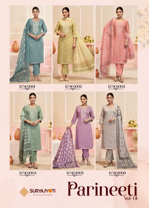 suryajyoti parineeti vol 1 series 1001-1006 roman modal silk wholesale suit  suryajyoti parineeti vol 1 series 1001-1006 roman modal silk wholesale suit , suryajyoti parineeti vol 1 series 1001-1006 roman modal silk wholesale suit  surat, suryajyoti parineeti vol 1 series 1001-1006 roman modal silk wholesale suit  new latest catalog, suryajyoti parineeti vol 1 series 1001-1006 roman modal silk wholesale suit  wholesale surat, suryajyoti parineeti vol 1 series 1001-1006 roman modal silk wholesale suit  single, suryajyoti parineeti vol 1 series 1001-1006 roman modal silk wholesale suit  catalog price, suryajyoti parineeti vol 1 series 1001-1006 roman modal silk wholesale suit  salwar suit, suryajyoti parineeti vol 1 series 1001-1006 roman modal silk wholesale suit  dresses, suryajyoti parineeti vol 1 series 1001-1006 roman modal silk wholesale suit  indian salwar suit, suryajyoti parineeti vol 1 series 1001-1006 roman modal silk wholesale suit  dress material suryajyoti parineeti vol 1 series 1001 1006 roman modal silk wholesale suit 1 2025 05 02 16 30 18 
                     suryajyoti parineeti vol 1 series 1001-1006 roman modal silk wholesale suit 
                     
                     
                     
                     Specification :
                     
                        
                           
						   
								Product Date:
								02-05-2025
							
                             							
								Name:
								Suryajyoti Parineeti Vol 1 Series 1001-1006 Roman Modal Silk Wholesale Suit 
							
																					
								Cname:
								Parineeti Vol 1
							
														
								Brand:
								Suryajyoti
							
							
														
								Total Design:
								6 Pcs
							
														
														
								Per Piece Rate:
								INR 715
							
														
														
								Full Catalog Rate:
								INR 4290								+ (5 % GST) + Shipping Charge
								
							
														
														
								Weight:
								6 Kg
							
																					
								Moq:
								Minimum 6 Pcs
							
														
														
														
								Type:
								Cotton Ladies Suits, Printed Salwar Kameez, Readymade Suits
							
														
							
							
														
								Fabric:
								
									Modal Silk								
							
																																																								
														
														
														
								Other Details:
								👫DEAR CUSTOMER👫

🙏WELCOME TO SURYAJYOTI

😍LAUNCHING OF SURYAJYOTI’S READYMADE NEW CATALOG

📕CATALOGUE:- PARINEETI VOL-1

👗TOP:- ROMAN MODAL SILK WITH NECK N FULL TOP EMBROIDERY WORK

🧣DUPATTA:- CHANDERI DIGITAL PRINT

👖BOTTOM:- ROMAN MODAL SILK WITH WORK

👚👖TOP BOTTOM BOTH STITCH
FULLY STITCHED👖👚

SIZE:- M L XL XXL 3XL
             WITH INNER

💸RATE:- 715/-

🧳PACKING:- EXCLUSIVE POUCH WITH BAG PACK

Always with you...👍
Team SURYAJYOTI
THANKS SIR/MADAM..🤝