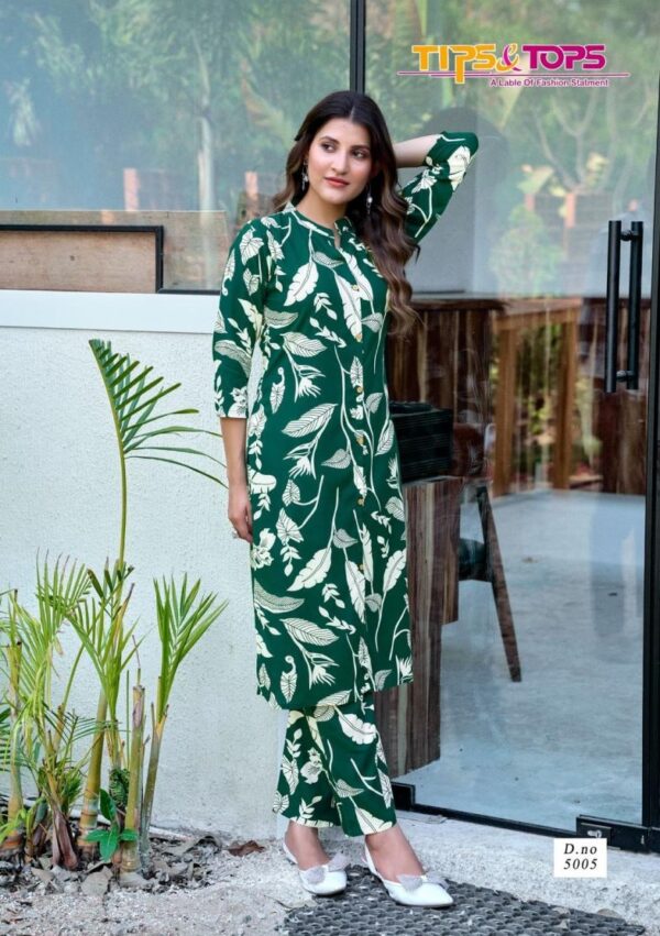 tips & tops cinderella vol 5 series 5001-5006 RAYON co-ord sets  tips & tops cinderella vol 5 series 5001-5006 RAYON co-ord sets, tips & tops cinderella vol 5 series 5001-5006 RAYON co-ord sets surat, tips & tops cinderella vol 5 series 5001-5006 RAYON co-ord sets new latest catalog, tips & tops cinderella vol 5 series 5001-5006 RAYON co-ord sets wholesale surat, tips & tops cinderella vol 5 series 5001-5006 RAYON co-ord sets single, tips & tops cinderella vol 5 series 5001-5006 RAYON co-ord sets catalog price, tips & tops cinderella vol 5 series 5001-5006 RAYON co-ord sets salwar suit, tips & tops cinderella vol 5 series 5001-5006 RAYON co-ord sets dresses, tips & tops cinderella vol 5 series 5001-5006 RAYON co-ord sets indian salwar suit, tips & tops cinderella vol 5 series 5001-5006 RAYON co-ord sets dress material tips tops cinderella vol 5 series 5001 5006 rayon co ord sets 1 2025 05 05 15 33 35 
                     tips & tops cinderella vol 5 series 5001-5006 RAYON co-ord sets
                     
                     
                     
                     Specification :
                     
                        
                           
						   
								Product Date:
								05-05-2025
							
                             							
								Name:
								Tips & Tops Cinderella Vol 5 Series 5001-5006 Rayon Co-ord Sets
							
																					
								Cname:
								Cinderella Vol 5 
							
														
								Brand:
								Tips & Tops
							
							
														
								Total Design:
								6 Pcs
							
														
														
								Per Piece Rate:
								INR 495
							
														
														
								Full Catalog Rate:
								INR 2970								+ (5 % GST) + Shipping Charge
								
							
														
														
								Weight:
								6 Kg
							
																					
								Moq:
								Minimum 6 Pcs
							
														
														
														
								Type:
								Cotton Kurtis, Printed Kurtis
							
														
							
							
														
								Fabric:
								
									Fancy Rayon								
							
																																																								
														
														
														
								Other Details:
								
	
		
			
			👏🏻👏🏻
			TIPS & TOPS
			Launching New Catalouge

			Catalouge : 💃 CINDERELLA Vol 05 💃

			 CO-ORD SET COLLECTION

			Fabric in Top : Heavy Reyon Print
			Spec. : Co-ord Set with Pocket
			Fabric in Bottom : Heavy Reyon Print

			Sleeves type : 3/4th
			No.of Designs : 6
			Size : M38, L40, XL42, XXL44, 3XL46
			Length : 44"

			Rate : 495 + GST 5%

			
			TIPS & TOPS 😊
			THANK YOU 🙏🏻