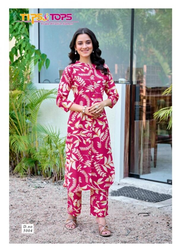tips & tops cinderella vol 5 series 5001-5006 RAYON co-ord sets  tips & tops cinderella vol 5 series 5001-5006 RAYON co-ord sets, tips & tops cinderella vol 5 series 5001-5006 RAYON co-ord sets surat, tips & tops cinderella vol 5 series 5001-5006 RAYON co-ord sets new latest catalog, tips & tops cinderella vol 5 series 5001-5006 RAYON co-ord sets wholesale surat, tips & tops cinderella vol 5 series 5001-5006 RAYON co-ord sets single, tips & tops cinderella vol 5 series 5001-5006 RAYON co-ord sets catalog price, tips & tops cinderella vol 5 series 5001-5006 RAYON co-ord sets salwar suit, tips & tops cinderella vol 5 series 5001-5006 RAYON co-ord sets dresses, tips & tops cinderella vol 5 series 5001-5006 RAYON co-ord sets indian salwar suit, tips & tops cinderella vol 5 series 5001-5006 RAYON co-ord sets dress material tips tops cinderella vol 5 series 5001 5006 rayon co ord sets 4 2025 05 05 15 33 35 
                     tips & tops cinderella vol 5 series 5001-5006 RAYON co-ord sets
                     
                     
                     
                     Specification :
                     
                        
                           
						   
								Product Date:
								05-05-2025
							
                             							
								Name:
								Tips & Tops Cinderella Vol 5 Series 5001-5006 Rayon Co-ord Sets
							
																					
								Cname:
								Cinderella Vol 5 
							
														
								Brand:
								Tips & Tops
							
							
														
								Total Design:
								6 Pcs
							
														
														
								Per Piece Rate:
								INR 495
							
														
														
								Full Catalog Rate:
								INR 2970								+ (5 % GST) + Shipping Charge
								
							
														
														
								Weight:
								6 Kg
							
																					
								Moq:
								Minimum 6 Pcs
							
														
														
														
								Type:
								Cotton Kurtis, Printed Kurtis
							
														
							
							
														
								Fabric:
								
									Fancy Rayon								
							
																																																								
														
														
														
								Other Details:
								
	
		
			
			👏🏻👏🏻
			TIPS & TOPS
			Launching New Catalouge

			Catalouge : 💃 CINDERELLA Vol 05 💃

			 CO-ORD SET COLLECTION

			Fabric in Top : Heavy Reyon Print
			Spec. : Co-ord Set with Pocket
			Fabric in Bottom : Heavy Reyon Print

			Sleeves type : 3/4th
			No.of Designs : 6
			Size : M38, L40, XL42, XXL44, 3XL46
			Length : 44"

			Rate : 495 + GST 5%

			
			TIPS & TOPS 😊
			THANK YOU 🙏🏻