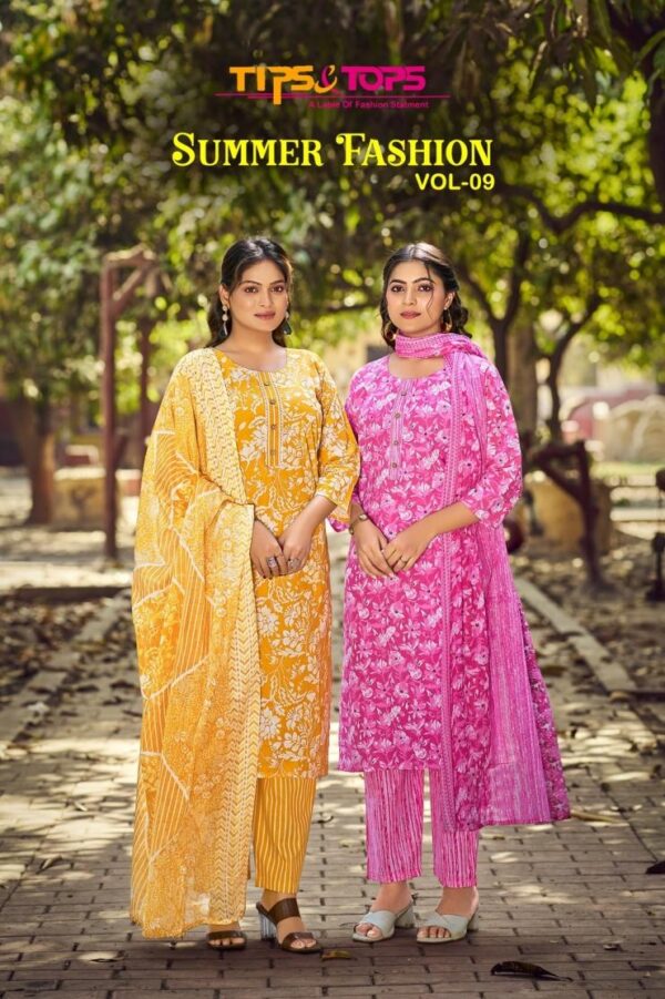 tips & tops summer fashion vol 9 series 1001-1006 cotton wholesale suit  tips & tops summer fashion vol 9 series 1001-1006 cotton wholesale suit , tips & tops summer fashion vol 9 series 1001-1006 cotton wholesale suit  surat, tips & tops summer fashion vol 9 series 1001-1006 cotton wholesale suit  new latest catalog, tips & tops summer fashion vol 9 series 1001-1006 cotton wholesale suit  wholesale surat, tips & tops summer fashion vol 9 series 1001-1006 cotton wholesale suit  single, tips & tops summer fashion vol 9 series 1001-1006 cotton wholesale suit  catalog price, tips & tops summer fashion vol 9 series 1001-1006 cotton wholesale suit  salwar suit, tips & tops summer fashion vol 9 series 1001-1006 cotton wholesale suit  dresses, tips & tops summer fashion vol 9 series 1001-1006 cotton wholesale suit  indian salwar suit, tips & tops summer fashion vol 9 series 1001-1006 cotton wholesale suit  dress material tips tops summer fashion vol 9 series 1001 1006 cotton wholesale suit 3 2025 05 02 16 39 40 
                     tips & tops summer fashion vol 9 series 1001-1006 cotton wholesale suit 
                     
                     
                     
                     Specification :
                     
                        
                           
						   
								Product Date:
								02-05-2025
							
                             							
								Name:
								Tips & Tops Summer Fashion Vol 9 Series 1001-1006 Cotton Wholesale Suit 
							
																					
								Cname:
								 Summer Fashion Vol 9
							
														
								Brand:
								Tips & Tops
							
							
														
								Total Design:
								6 Pcs
							
														
														
								Per Piece Rate:
								INR 540
							
														
														
								Full Catalog Rate:
								INR 3240								+ (5 % GST) + Shipping Charge
								
							
														
														
								Weight:
								6 Kg
							
																					
								Moq:
								Minimum 6 Pcs
							
														
														
														
								Type:
								Cotton Ladies Suits, Printed Salwar Kameez, Readymade Suits
							
														
							
							
														
								Fabric:
								
									Cotton								
							
																																																								
														
														
														
								Other Details:
								👏🏻👏🏻
TIPS & TOPS
Launching New Catalouge

Catalouge : 💃 SUMMER FASHION Vol 09 💃

 Summer Collection 3pc set

Fabric in Top : Cotton Print
Fabric in Bottom : Cotton Print
Fabric in Dupatta : Cotton Mal Print

Sleeves type : 3/4th
No.of Designs : 6
Size : M38, L40, XL42, XXL44, 3XL46
Length : 44"

Rate : 540/- + GST 5%


TIPS & TOPS 😊
THANK YOU 🙏🏻