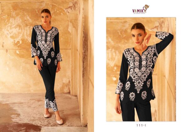 vamika - veronica vol-2   vamika veronica vol 2 colors exclusive designer readymade cord set or party wear wholesale surat 1 2025 05 24 15 05 22.jpg vamika veronica vol-2 colors exclusive designer readymade cord set or party wear wholesale surat Catalogue Name : 24th May 2025 Name of Product : vamika - veronica vol-2  No of Design : 5 Piece (MOQ : 1 Set) Product Rate Per Piece : ₹ 899 / Per Piece Product Full Catalogue Rate : ₹ 4495 (GST Extra) Full Catalogue Weight : 5 KG Product Type & Size: XXL Product Details: 
					 Dear Sir/Madam
Vamika

Presents 
For This season Presenting Exclusive Super Hit Code Set  
Catalogue Name:-
VERONICA Vol-2 Gold
(5Pcs)
(D.NO.111F To 111J)

Fabrics Details:-
Top:- Hevy REYON With squeans Work 
PANT :- Hevy REYON 

Size- ONLY XXL-44

Des.Total:-5Pcs

Rate:-899/-GST EXTRA)

White Thread  all design
Dispatch:-Next Week

Hurry Up Book your Order Now

 Thanks For Your Kind Support 