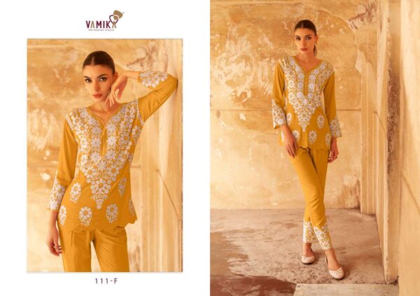vamika - veronica vol-2   vamika veronica vol 2 colors exclusive designer readymade cord set or party wear wholesale surat 2 2025 05 24 15 05 22.jpg vamika veronica vol-2 colors exclusive designer readymade cord set or party wear wholesale surat Catalogue Name : 24th May 2025 Name of Product : vamika - veronica vol-2  No of Design : 5 Piece (MOQ : 1 Set) Product Rate Per Piece : ₹ 899 / Per Piece Product Full Catalogue Rate : ₹ 4495 (GST Extra) Full Catalogue Weight : 5 KG Product Type & Size: XXL Product Details: 
					 Dear Sir/Madam
Vamika

Presents 
For This season Presenting Exclusive Super Hit Code Set  
Catalogue Name:-
VERONICA Vol-2 Gold
(5Pcs)
(D.NO.111F To 111J)

Fabrics Details:-
Top:- Hevy REYON With squeans Work 
PANT :- Hevy REYON 

Size- ONLY XXL-44

Des.Total:-5Pcs

Rate:-899/-GST EXTRA)

White Thread  all design
Dispatch:-Next Week

Hurry Up Book your Order Now

 Thanks For Your Kind Support 