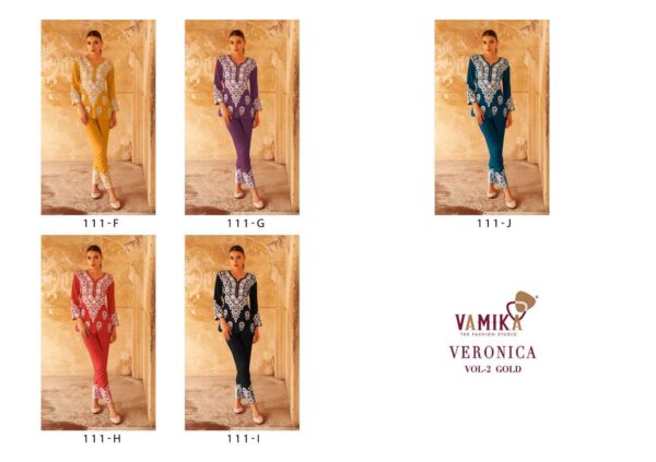 vamika - veronica vol-2   vamika veronica vol 2 colors exclusive designer readymade cord set or party wear wholesale surat 5 2025 05 24 15 05 22.jpg vamika veronica vol-2 colors exclusive designer readymade cord set or party wear wholesale surat Catalogue Name : 24th May 2025 Name of Product : vamika - veronica vol-2  No of Design : 5 Piece (MOQ : 1 Set) Product Rate Per Piece : ₹ 899 / Per Piece Product Full Catalogue Rate : ₹ 4495 (GST Extra) Full Catalogue Weight : 5 KG Product Type & Size: XXL Product Details: 
					 Dear Sir/Madam
Vamika

Presents 
For This season Presenting Exclusive Super Hit Code Set  
Catalogue Name:-
VERONICA Vol-2 Gold
(5Pcs)
(D.NO.111F To 111J)

Fabrics Details:-
Top:- Hevy REYON With squeans Work 
PANT :- Hevy REYON 

Size- ONLY XXL-44

Des.Total:-5Pcs

Rate:-899/-GST EXTRA)

White Thread  all design
Dispatch:-Next Week

Hurry Up Book your Order Now

 Thanks For Your Kind Support 