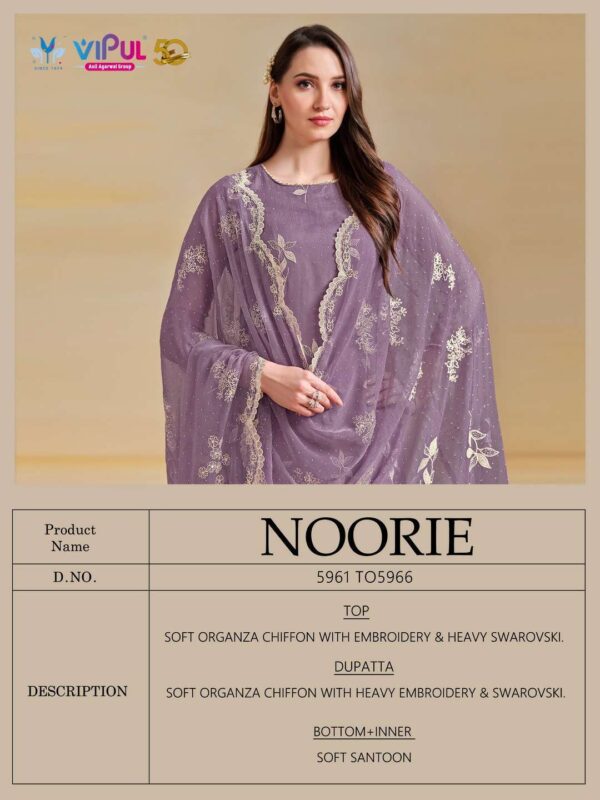 vipul fashion - noorie   vipul noorie 5961 5966 series heavy embroidered unstitch salwar kameez wholesale surat 12 2025 05 20 15 31 56.jpg vipul noorie 5961-5966 series heavy embroidered unstitch salwar kameez wholesale surat Catalogue Name : 20th May 2025 Name of Product : vipul fashion - noorie  No of Design : 6 Piece (MOQ : 1 Set) Product Rate Per Piece : ₹ 2226 / Per Piece Product Full Catalogue Rate : ₹ 13356 (GST Extra) Full Catalogue Weight : 6 KG Product Type & Size: unstitched Product Details: