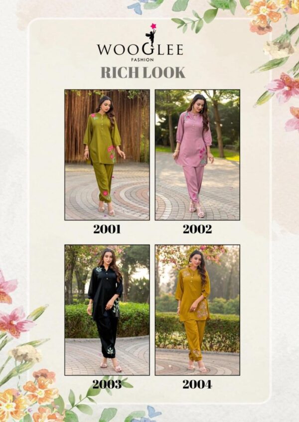 wooglee rich look series 2001-2004 Viscose Satin wholesale co-ord sets  wooglee rich look series 2001-2004 Viscose Satin wholesale co-ord sets, wooglee rich look series 2001-2004 Viscose Satin wholesale co-ord sets surat, wooglee rich look series 2001-2004 Viscose Satin wholesale co-ord sets new latest catalog, wooglee rich look series 2001-2004 Viscose Satin wholesale co-ord sets wholesale surat, wooglee rich look series 2001-2004 Viscose Satin wholesale co-ord sets single, wooglee rich look series 2001-2004 Viscose Satin wholesale co-ord sets catalog price, wooglee rich look series 2001-2004 Viscose Satin wholesale co-ord sets salwar suit, wooglee rich look series 2001-2004 Viscose Satin wholesale co-ord sets dresses, wooglee rich look series 2001-2004 Viscose Satin wholesale co-ord sets indian salwar suit, wooglee rich look series 2001-2004 Viscose Satin wholesale co-ord sets dress material wooglee rich look series 2001 2004 viscose satin wholesale co ord sets 5 2025 04 30 16 02 32 
                     wooglee rich look series 2001-2004 Viscose Satin wholesale co-ord sets
                     
                     
                     
                     Specification :
                     
                        
                           
						   
								Product Date:
								30-04-2025
							
                             							
								Name:
								Wooglee Rich Look Series 2001-2004 Viscose Satin Wholesale Co-ord Sets
							
																					
								Cname:
								Rich Look 
							
														
								Brand:
								Wooglee
							
							
														
								Total Design:
								4 Pcs
							
														
														
								Per Piece Rate:
								INR 995
							
														
														
								Full Catalog Rate:
								INR 3980								+ (5 % GST) + Shipping Charge
								
							
														
														
								Weight:
								4 Kg
							
																					
								Moq:
								Minimum 4 Pcs
							
														
														
														
								Type:
								Printed Kurtis, Kurti With Buttom
							
														
							
							
														
								Fabric:
								
									Heavy Viscose								
							
																																																								
														
														
														
								Other Details:
								Label : WOOGLEE
Catalog : Rich Look
Design : 4
Top  : Viscose Satin
Work : Thread & Patch work
Bottom : Viscose Satin
Size :  S(36), M(38), L(40), XL(42), XXL(44), 3XL(46)

Rate :  995/ Pic + GST

Dispatch with in 3-4 days