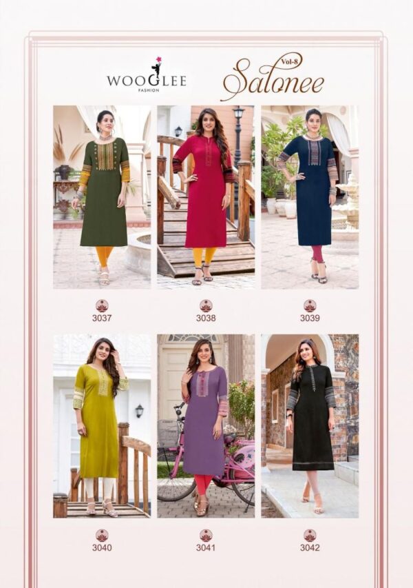 wooglee salonee vol 8 series 3037-3042 rayon wholesale kurti  wooglee salonee vol 8 series 3037-3042 rayon wholesale kurti , wooglee salonee vol 8 series 3037-3042 rayon wholesale kurti  surat, wooglee salonee vol 8 series 3037-3042 rayon wholesale kurti  new latest catalog, wooglee salonee vol 8 series 3037-3042 rayon wholesale kurti  wholesale surat, wooglee salonee vol 8 series 3037-3042 rayon wholesale kurti  single, wooglee salonee vol 8 series 3037-3042 rayon wholesale kurti  catalog price, wooglee salonee vol 8 series 3037-3042 rayon wholesale kurti  salwar suit, wooglee salonee vol 8 series 3037-3042 rayon wholesale kurti  dresses, wooglee salonee vol 8 series 3037-3042 rayon wholesale kurti  indian salwar suit, wooglee salonee vol 8 series 3037-3042 rayon wholesale kurti  dress material wooglee salonee vol 8 series 3037 3042 rayon wholesale kurti 5 2025 05 17 17 37 41 
                     wooglee salonee vol 8 series 3037-3042 rayon wholesale kurti 
                     
                     
                     
                     Specification :
                     
                        
                           
						   
								Product Date:
								17-05-2025
							
                             							
								Name:
								Wooglee Salonee Vol 8 Series 3037-3042 Rayon Wholesale Kurti 
							
																					
								Cname:
								Salonee Vol 8 
							
														
								Brand:
								Wooglee
							

														
								Total Design:
								6 Pcs
							
							
														
								Per Piece Rate:
								INR 460
							
							
														
								Full Catalog Rate:
								INR 2760								+ (5 % GST) + Shipping Charge
								
							
							
														
								Weight:
								6 Kg
							
																					
								Moq:
								Minimum 6 Pcs
							
							
							
														
								Type:
								Embroidery Kurti
							
							


														
								Fabric:
								
									Fancy Rayon								
							
																																																	
							
							
														
								Other Details:
								
	
		
			
			Brand Name : WOOGLEE....

			Catalog : Salonee vol 8

			Design : 6

			Fabric : Heavy Rayon
			Work : Tread & Hand work
			Size :S(36), M(38), L(40), XL(42), XXL(44), XXXL(46)

			Rate : 460/-  Pic + 5% GST  

			Dispatched with 3-4 days