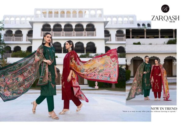 belliza designer studio - zarqash vol-6   belliza designer zarqash vol 6 colors jam with exclusie heavy embroidered slawar suits exporter surat 1 2025 06 02 15 56 27.jpg belliza designer zarqash vol-6 colors jam with exclusie heavy embroidered slawar suits exporter surat Catalogue Name : 2nd Jun 2025 Name of Product : belliza designer studio - zarqash vol-6  No of Design : 6 Piece (MOQ : 1 Set) Product Rate Per Piece : ₹ 795 / Per Piece Product Full Catalogue Rate : ₹ 4770 (GST Extra) Full Catalogue Weight : 6 KG Product Type & Size: unstitched Product Details: 
					 ZARQASH VOL 6 by BELLIZA
 COTTON MAL MAL DIGITAL
HEAVY KARACHI EMBROIDERY

BelliZa DesigNer StuDio

                     presents

            ZARQASH VOL 6
 premium designer collection
                 
Top: 100% Pure Heavy Jam with Designer Heavy Embroidery Work + Heavy Daman Boring Work with Scalloping (2.50 mtrs apx)

Dupatta: 100% Pure Cotton Mal Mal 4 side Box Digital Print (2.30 mtrs apx)

Bottom: 100% Pure Viscose Rayon(3 mtrs apx)

Pcs: 08

 Rate: 795/- + GST 
 
 Book Now