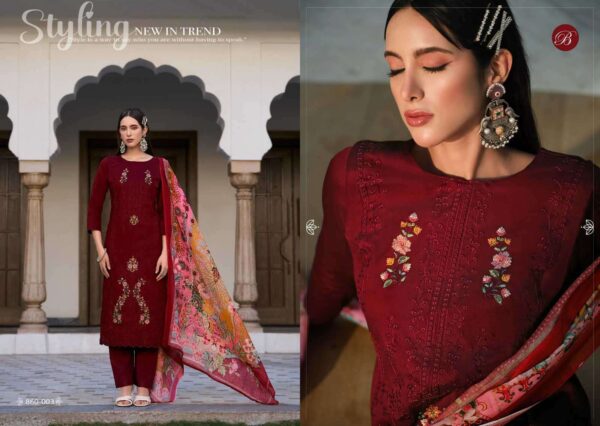 belliza designer studio - zarqash vol-6   belliza designer zarqash vol 6 colors jam with exclusie heavy embroidered slawar suits exporter surat 3 2025 06 02 15 56 27.jpg belliza designer zarqash vol-6 colors jam with exclusie heavy embroidered slawar suits exporter surat Catalogue Name : 2nd Jun 2025 Name of Product : belliza designer studio - zarqash vol-6  No of Design : 6 Piece (MOQ : 1 Set) Product Rate Per Piece : ₹ 795 / Per Piece Product Full Catalogue Rate : ₹ 4770 (GST Extra) Full Catalogue Weight : 6 KG Product Type & Size: unstitched Product Details: 
					 ZARQASH VOL 6 by BELLIZA
 COTTON MAL MAL DIGITAL
HEAVY KARACHI EMBROIDERY

BelliZa DesigNer StuDio

                     presents

            ZARQASH VOL 6
 premium designer collection
                 
Top: 100% Pure Heavy Jam with Designer Heavy Embroidery Work + Heavy Daman Boring Work with Scalloping (2.50 mtrs apx)

Dupatta: 100% Pure Cotton Mal Mal 4 side Box Digital Print (2.30 mtrs apx)

Bottom: 100% Pure Viscose Rayon(3 mtrs apx)

Pcs: 08

 Rate: 795/- + GST 
 
 Book Now