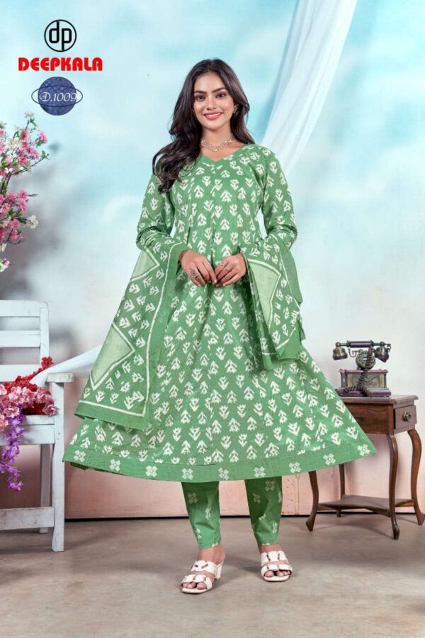 deepkala -  aysha vol-1   deepkala aysha vol 1 1001 1010 series summer wear cotton printed salwar suit supplier 10 2025 06 03 14 03 29.jpg deepkala aysha vol-1 1001-1010 series summer wear cotton printed salwar suit supplier  Catalogue Name : 3rd Jun 2025 Name of Product : deepkala -  aysha vol-1  No of Design : 10 Piece (MOQ : 1 Set) Product Rate Per Piece : ₹ 599 / Per Piece Product Full Catalogue Rate : ₹ 5990 (GST Extra) Full Catalogue Weight : 8 KG Product Type & Size: unstitched Product Details: 
					 
Deepkala Aysha vol 1

Pattern:-
Full anarkali without patch 

Top+bottom+Dupatta 
All pure cotton printed  


Top length 46+
Bot length 39+
Dupatta -2.25 MTR approx 

10 PC's set
Pouch+bag Packing 

Monday approx dispatch 

Limited stock 

Rate 599/-
Plz book your order

 