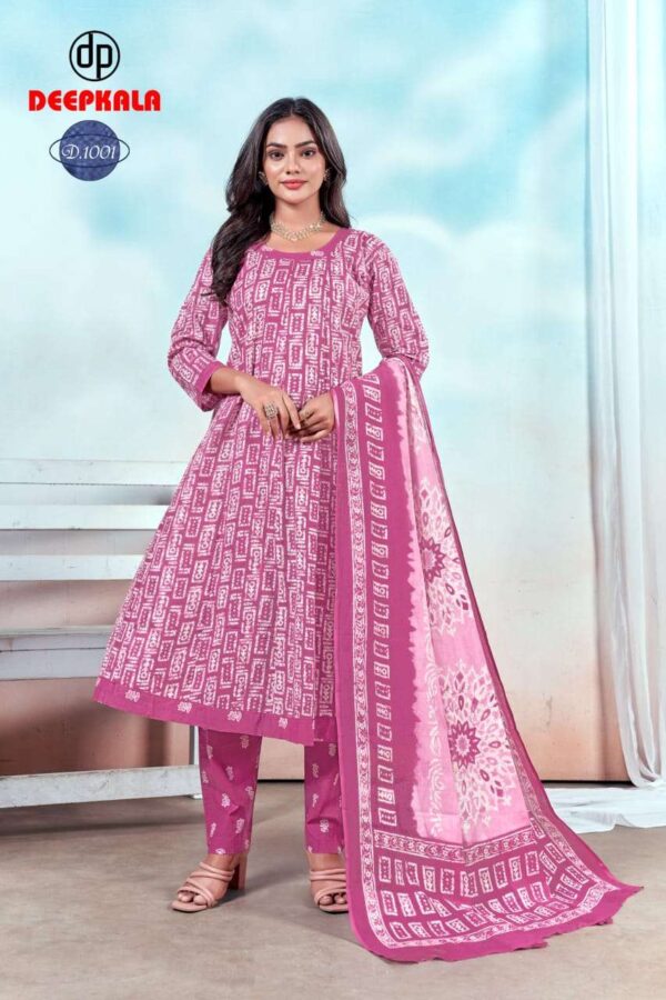 deepkala -  aysha vol-1   deepkala aysha vol 1 1001 1010 series summer wear cotton printed salwar suit supplier 4 2025 06 03 14 03 29.jpg deepkala aysha vol-1 1001-1010 series summer wear cotton printed salwar suit supplier  Catalogue Name : 3rd Jun 2025 Name of Product : deepkala -  aysha vol-1  No of Design : 10 Piece (MOQ : 1 Set) Product Rate Per Piece : ₹ 599 / Per Piece Product Full Catalogue Rate : ₹ 5990 (GST Extra) Full Catalogue Weight : 8 KG Product Type & Size: unstitched Product Details: 
					 
Deepkala Aysha vol 1

Pattern:-
Full anarkali without patch 

Top+bottom+Dupatta 
All pure cotton printed  


Top length 46+
Bot length 39+
Dupatta -2.25 MTR approx 

10 PC's set
Pouch+bag Packing 

Monday approx dispatch 

Limited stock 

Rate 599/-
Plz book your order

 