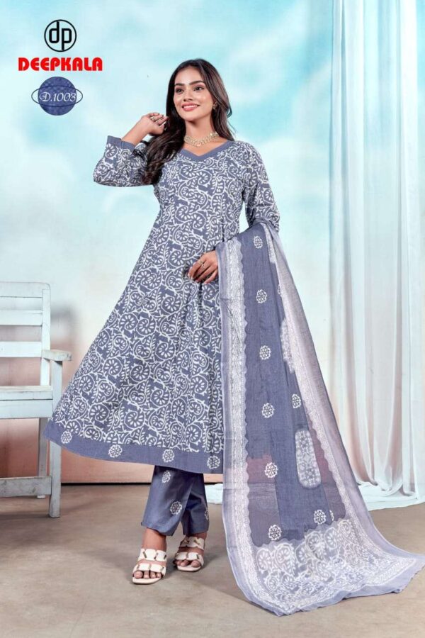 deepkala -  aysha vol-1   deepkala aysha vol 1 1001 1010 series summer wear cotton printed salwar suit supplier 7 2025 06 03 14 03 29.jpg deepkala aysha vol-1 1001-1010 series summer wear cotton printed salwar suit supplier  Catalogue Name : 3rd Jun 2025 Name of Product : deepkala -  aysha vol-1  No of Design : 10 Piece (MOQ : 1 Set) Product Rate Per Piece : ₹ 599 / Per Piece Product Full Catalogue Rate : ₹ 5990 (GST Extra) Full Catalogue Weight : 8 KG Product Type & Size: unstitched Product Details: 
					 
Deepkala Aysha vol 1

Pattern:-
Full anarkali without patch 

Top+bottom+Dupatta 
All pure cotton printed  


Top length 46+
Bot length 39+
Dupatta -2.25 MTR approx 

10 PC's set
Pouch+bag Packing 

Monday approx dispatch 

Limited stock 

Rate 599/-
Plz book your order

 
