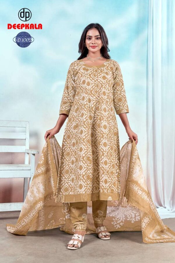 deepkala -  aysha vol-1   deepkala aysha vol 1 1001 1010 series summer wear cotton printed salwar suit supplier 9 2025 06 03 14 03 29.jpg deepkala aysha vol-1 1001-1010 series summer wear cotton printed salwar suit supplier  Catalogue Name : 3rd Jun 2025 Name of Product : deepkala -  aysha vol-1  No of Design : 10 Piece (MOQ : 1 Set) Product Rate Per Piece : ₹ 599 / Per Piece Product Full Catalogue Rate : ₹ 5990 (GST Extra) Full Catalogue Weight : 8 KG Product Type & Size: unstitched Product Details: 
					 
Deepkala Aysha vol 1

Pattern:-
Full anarkali without patch 

Top+bottom+Dupatta 
All pure cotton printed  


Top length 46+
Bot length 39+
Dupatta -2.25 MTR approx 

10 PC's set
Pouch+bag Packing 

Monday approx dispatch 

Limited stock 

Rate 599/-
Plz book your order

 