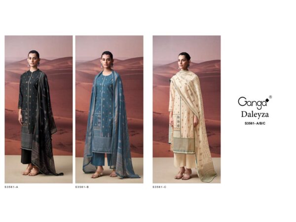 ganga - daleyza 3561   ganga daleyza 3561 exclusive hand embroidery premium cotton fancy suit supplier 3 2025 05 31 14 41 57.jpg ganga daleyza 3561 exclusive hand embroidery premium cotton fancy suit supplier  Catalogue Name : 31st May 2025 Name of Product : ganga - daleyza 3561  No of Design : 3 Piece (MOQ : 1 Set) Product Rate Per Piece : ₹ 1610 / Per Piece Product Full Catalogue Rate : ₹ 4830 (GST Extra) Full Catalogue Weight : 3 KG Product Type & Size: unstitched Product Details: 
					 
GANGA*
Presents
-
*DALEYZA 3561*

TOP
PREMIUM COTTON PRINTED WITH HAND EMBROIDERY, HAND WORK, SOLID COTTON BORDER ON DAMAN.

BOTTOM
PREMIUM COTTON SOLID COLOR

DUPATTA
PREMIUM PURE MAL PRINTED WITH SOLID COTTON BORDER.

*RATE:*
1610/-