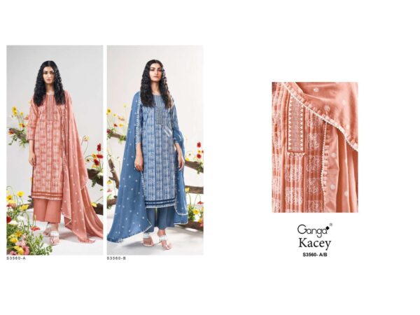 ganga - kacey 3560   ganga kacey 3560 cotton embroidered casual wear salwar suit supplier surat 5 2025 06 02 16 46 00.jpg ganga kacey 3560 cotton embroidered casual wear salwar suit supplier surat Catalogue Name : 2nd Jun 2025 Name of Product : ganga - kacey 3560  No of Design : 2 Piece (MOQ : 1 Set) Product Rate Per Piece : ₹ 1310 / Per Piece Product Full Catalogue Rate : ₹ 2620 (GST Extra) Full Catalogue Weight : 2 KG Product Type & Size: unstitched Product Details: 
					  
GANGA
Presents

KACEY 3560

TOP
PREMIUM COTTON PRINTED WITH EMBROIDERY, SCHIFFLI EMBROIDERY AND SOLID BORDER ON DAMAN.

BOTTOM
PREMIUM COTTON SOLID COLOR

DUPATTA
PREMIUM COTTON MAL
PRINTED WITH PRINTED & SCHIFFLI
EMBROIDERY BORDER.

RATE:
1310/-
 
 