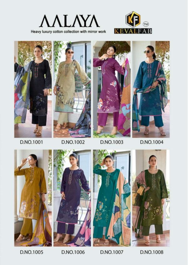 keval fab - aalya vol-1   keval fab aalya vol 1 1001 1008 series cotton with expansive mirror work suit supplier surat 5 2025 06 03 13 51 36.jpg keval fab aalya vol-1 1001-1008 series cotton with expansive mirror work suit supplier surat Catalogue Name : 3rd Jun 2025 Name of Product : keval fab - aalya vol-1  No of Design : 8 Piece (MOQ : 1 Set) Product Rate Per Piece : ₹ 550 / Per Piece Product Full Catalogue Rate : ₹ 4400 (GST Extra) Full Catalogue Weight : 8 KG Product Type & Size: unstitched Product Details: 
					 KEVAL FAB
Presents

YOUR TRUSTED BRAND NAME

 Catalogue Name                                    
  
AALAYA VOL-1
       

 Heavy Luxury cotton COLLECTION   WITH EXPANSIVE Mirror Work  COLLECTION 

Details
Fabrics - HEAVY COTTON PRINT
CUT 
TOP 2.50Mtr
BOTTOM 2.50 Mtr
DUPATTA  2.25mtr ( Heavy Mal Mal Dupatta)

  Designs 08 Pcs 

RATE:-550+GST

LIMITED STOCK 
BOOK UR ORDER NOW

THANK YOU FOR SUPPORT
Regarding
Keval Fab
(India)