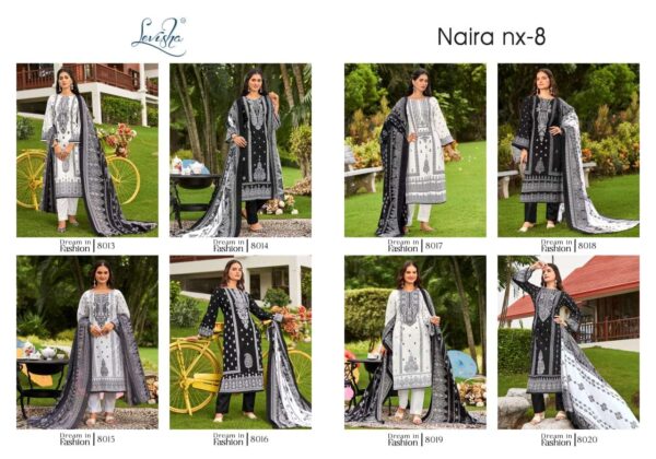 levisha - naira nx vol-8   levisha naira nx vol 8 8013 8020 series fancy embroidery pakistani style suit supplier surat 1 2025 05 31 13 56 35.jpg levisha naira nx vol-8 8013-8020 series fancy embroidery pakistani style suit supplier surat Catalogue Name : 31st May 2025 Name of Product : levisha - naira nx vol-8  No of Design : 8 Piece (MOQ : 1 Set) Product Rate Per Piece : ₹ 550 / Per Piece Product Full Catalogue Rate : ₹ 4400 (GST Extra) Full Catalogue Weight : 8 KG Product Type & Size: unstitched Product Details: 
					 Levisha - Make in India

Launches its New Designer Suits : *Naira Nx Vo-8 Black & White

 Fabric Details
 Top: Cemric Cotton Pakistani  Style Print with Fancy Self Embroidery

 Bottom: Cotton Dyed

 Dupatta: Mal Cotton Digital Style Print Dup

RATE:  550+ GST Cotton Duptta 


Design 8

Delivery ready      Confirm now
