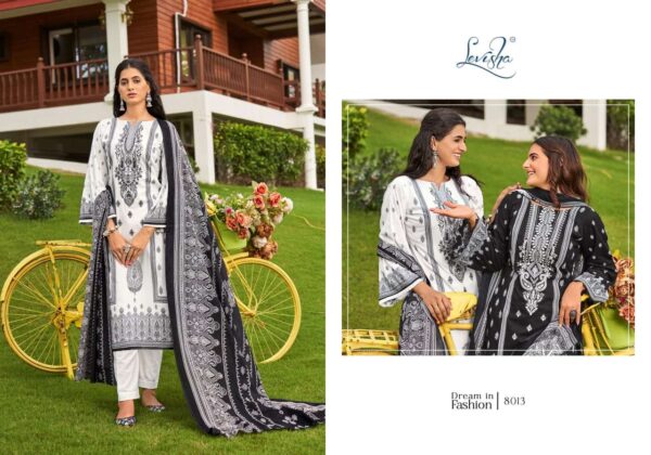 levisha - naira nx vol-8   levisha naira nx vol 8 8013 8020 series fancy embroidery pakistani style suit supplier surat 10 2025 05 31 13 56 36.jpg levisha naira nx vol-8 8013-8020 series fancy embroidery pakistani style suit supplier surat Catalogue Name : 31st May 2025 Name of Product : levisha - naira nx vol-8  No of Design : 8 Piece (MOQ : 1 Set) Product Rate Per Piece : ₹ 550 / Per Piece Product Full Catalogue Rate : ₹ 4400 (GST Extra) Full Catalogue Weight : 8 KG Product Type & Size: unstitched Product Details: 
					 Levisha - Make in India

Launches its New Designer Suits : *Naira Nx Vo-8 Black & White

 Fabric Details
 Top: Cemric Cotton Pakistani  Style Print with Fancy Self Embroidery

 Bottom: Cotton Dyed

 Dupatta: Mal Cotton Digital Style Print Dup

RATE:  550+ GST Cotton Duptta 


Design 8

Delivery ready      Confirm now