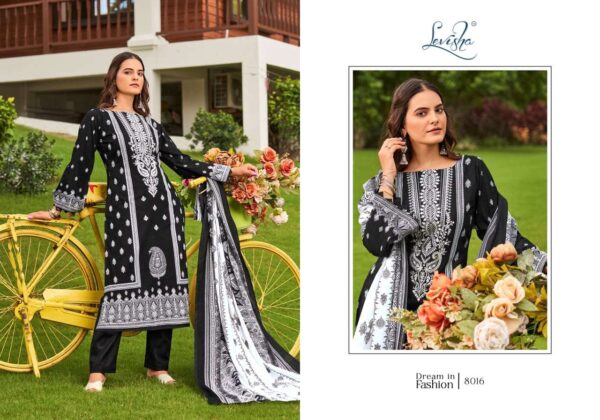 levisha - naira nx vol-8   levisha naira nx vol 8 8013 8020 series fancy embroidery pakistani style suit supplier surat 3 2025 05 31 13 56 36.jpg levisha naira nx vol-8 8013-8020 series fancy embroidery pakistani style suit supplier surat Catalogue Name : 31st May 2025 Name of Product : levisha - naira nx vol-8  No of Design : 8 Piece (MOQ : 1 Set) Product Rate Per Piece : ₹ 550 / Per Piece Product Full Catalogue Rate : ₹ 4400 (GST Extra) Full Catalogue Weight : 8 KG Product Type & Size: unstitched Product Details: 
					 Levisha - Make in India

Launches its New Designer Suits : *Naira Nx Vo-8 Black & White

 Fabric Details
 Top: Cemric Cotton Pakistani  Style Print with Fancy Self Embroidery

 Bottom: Cotton Dyed

 Dupatta: Mal Cotton Digital Style Print Dup

RATE:  550+ GST Cotton Duptta 


Design 8

Delivery ready      Confirm now
