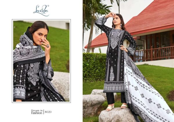 levisha - naira nx vol-8   levisha naira nx vol 8 8013 8020 series fancy embroidery pakistani style suit supplier surat 9 2025 05 31 13 56 36.jpg levisha naira nx vol-8 8013-8020 series fancy embroidery pakistani style suit supplier surat Catalogue Name : 31st May 2025 Name of Product : levisha - naira nx vol-8  No of Design : 8 Piece (MOQ : 1 Set) Product Rate Per Piece : ₹ 550 / Per Piece Product Full Catalogue Rate : ₹ 4400 (GST Extra) Full Catalogue Weight : 8 KG Product Type & Size: unstitched Product Details: 
					 Levisha - Make in India

Launches its New Designer Suits : *Naira Nx Vo-8 Black & White

 Fabric Details
 Top: Cemric Cotton Pakistani  Style Print with Fancy Self Embroidery

 Bottom: Cotton Dyed

 Dupatta: Mal Cotton Digital Style Print Dup

RATE:  550+ GST Cotton Duptta 


Design 8

Delivery ready      Confirm now