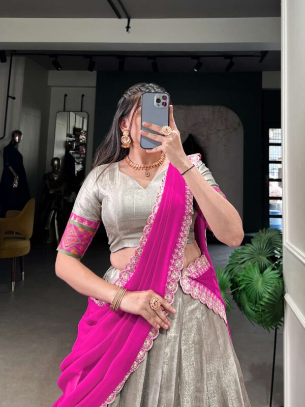 lnb - 2008   lnb 2008 jacquard silk fancy worked latest designer party wear lehenga collection wholesale surat 0 2025 04 12 11 09 22.jpg  lnb 2008 Jacquard Silk fancy worked latest designer party wear lehenga collection wholesale surat Catalogue Name : 3rd Jun 2025 Name of Product : lnb - 2008  No of Design : 1 Piece (MOQ : 1 Set) Product Rate Per Piece : ₹ 1250 / Per Piece Product Full Catalogue Rate : ₹ 1250 (GST Extra) Full Catalogue Weight : 1.2 KG Product Type & Size: semi stitched Product Details: 
					 Lehenga Choli

Jacquard weaving meets Kanjivaram ikkat for unmatched opulence 
 
LNB2008GRY

Lehenga(Stitched)
Lehenga Fabric : Jacquard Silk
Lehenga Work : Weaving Work With Ikkat Kanjivaram
Lehenga Waist : SUPPORTED UP TO 42
Lehenga Closer : Drawstring with Zip 
Stitching : Stitched With Canvas 
Length : 41
Flair : 3.50 Meter
Inner : Silk

Blouse(Unstitched)
Blouse Fabric : Jacquard Silk
Blouse Work : Weaving Work With Ikkat Kanjivaram
Blouse Length : 0.90 Meter 

Dupatta
Dupatta Fabric : Georgette 
Dupatta Work : Lace Border and also sequins Butties all over  
Dupatta Length : 2.4 Meter

Package Contain Lehenga, Dupatta, Blouse, Drawstring, Zip

Weight : 1.200 Kg

Price : 1250/- + GST