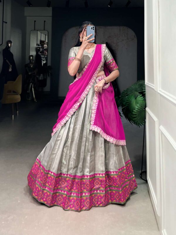 lnb - 2008   lnb 2008 jacquard silk fancy worked latest designer party wear lehenga collection wholesale surat 2 2025 04 12 11 09 22.jpg  lnb 2008 Jacquard Silk fancy worked latest designer party wear lehenga collection wholesale surat Catalogue Name : 3rd Jun 2025 Name of Product : lnb - 2008  No of Design : 1 Piece (MOQ : 1 Set) Product Rate Per Piece : ₹ 1250 / Per Piece Product Full Catalogue Rate : ₹ 1250 (GST Extra) Full Catalogue Weight : 1.2 KG Product Type & Size: semi stitched Product Details: 
					 Lehenga Choli

Jacquard weaving meets Kanjivaram ikkat for unmatched opulence 
 
LNB2008GRY

Lehenga(Stitched)
Lehenga Fabric : Jacquard Silk
Lehenga Work : Weaving Work With Ikkat Kanjivaram
Lehenga Waist : SUPPORTED UP TO 42
Lehenga Closer : Drawstring with Zip 
Stitching : Stitched With Canvas 
Length : 41
Flair : 3.50 Meter
Inner : Silk

Blouse(Unstitched)
Blouse Fabric : Jacquard Silk
Blouse Work : Weaving Work With Ikkat Kanjivaram
Blouse Length : 0.90 Meter 

Dupatta
Dupatta Fabric : Georgette 
Dupatta Work : Lace Border and also sequins Butties all over  
Dupatta Length : 2.4 Meter

Package Contain Lehenga, Dupatta, Blouse, Drawstring, Zip

Weight : 1.200 Kg

Price : 1250/- + GST