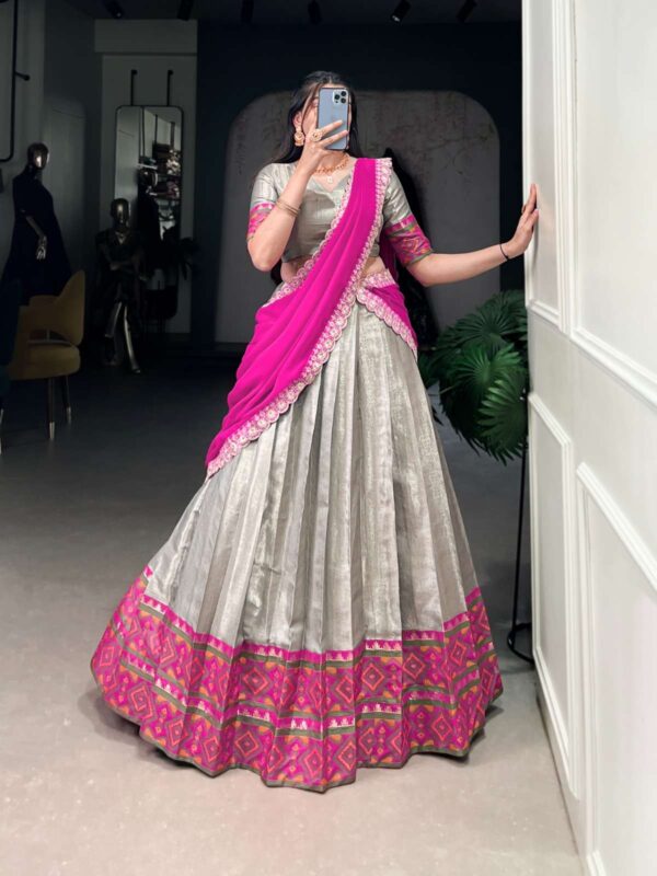 lnb - 2008   lnb 2008 jacquard silk fancy worked latest designer party wear lehenga collection wholesale surat 3 2025 04 12 11 09 22.jpg  lnb 2008 Jacquard Silk fancy worked latest designer party wear lehenga collection wholesale surat Catalogue Name : 3rd Jun 2025 Name of Product : lnb - 2008  No of Design : 1 Piece (MOQ : 1 Set) Product Rate Per Piece : ₹ 1250 / Per Piece Product Full Catalogue Rate : ₹ 1250 (GST Extra) Full Catalogue Weight : 1.2 KG Product Type & Size: semi stitched Product Details: 
					 Lehenga Choli

Jacquard weaving meets Kanjivaram ikkat for unmatched opulence 
 
LNB2008GRY

Lehenga(Stitched)
Lehenga Fabric : Jacquard Silk
Lehenga Work : Weaving Work With Ikkat Kanjivaram
Lehenga Waist : SUPPORTED UP TO 42
Lehenga Closer : Drawstring with Zip 
Stitching : Stitched With Canvas 
Length : 41
Flair : 3.50 Meter
Inner : Silk

Blouse(Unstitched)
Blouse Fabric : Jacquard Silk
Blouse Work : Weaving Work With Ikkat Kanjivaram
Blouse Length : 0.90 Meter 

Dupatta
Dupatta Fabric : Georgette 
Dupatta Work : Lace Border and also sequins Butties all over  
Dupatta Length : 2.4 Meter

Package Contain Lehenga, Dupatta, Blouse, Drawstring, Zip

Weight : 1.200 Kg

Price : 1250/- + GST