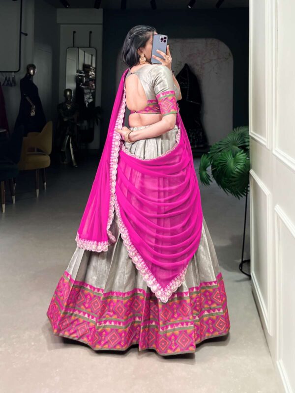 lnb - 2008   lnb 2008 jacquard silk fancy worked latest designer party wear lehenga collection wholesale surat 4 2025 04 12 11 09 22.jpg  lnb 2008 Jacquard Silk fancy worked latest designer party wear lehenga collection wholesale surat Catalogue Name : 3rd Jun 2025 Name of Product : lnb - 2008  No of Design : 1 Piece (MOQ : 1 Set) Product Rate Per Piece : ₹ 1250 / Per Piece Product Full Catalogue Rate : ₹ 1250 (GST Extra) Full Catalogue Weight : 1.2 KG Product Type & Size: semi stitched Product Details: 
					 Lehenga Choli

Jacquard weaving meets Kanjivaram ikkat for unmatched opulence 
 
LNB2008GRY

Lehenga(Stitched)
Lehenga Fabric : Jacquard Silk
Lehenga Work : Weaving Work With Ikkat Kanjivaram
Lehenga Waist : SUPPORTED UP TO 42
Lehenga Closer : Drawstring with Zip 
Stitching : Stitched With Canvas 
Length : 41
Flair : 3.50 Meter
Inner : Silk

Blouse(Unstitched)
Blouse Fabric : Jacquard Silk
Blouse Work : Weaving Work With Ikkat Kanjivaram
Blouse Length : 0.90 Meter 

Dupatta
Dupatta Fabric : Georgette 
Dupatta Work : Lace Border and also sequins Butties all over  
Dupatta Length : 2.4 Meter

Package Contain Lehenga, Dupatta, Blouse, Drawstring, Zip

Weight : 1.200 Kg

Price : 1250/- + GST