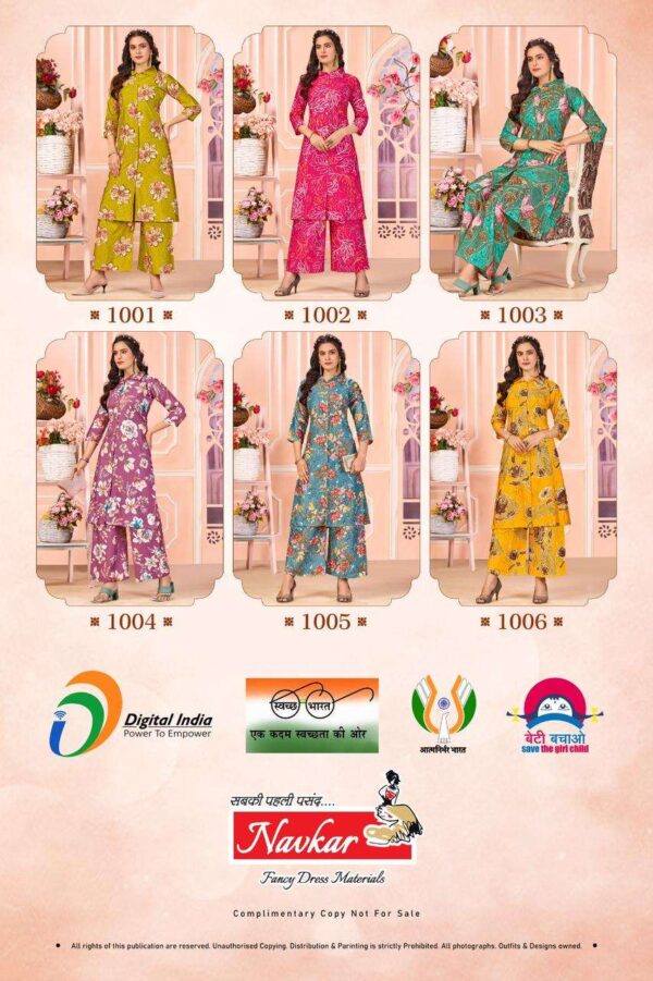 navkar - kiara vol-1   navkar kiara vol 1 1001 1006 series vertican discharge printed kurti supplier surat 0 2025 06 02 15 21 17.jpg navkar kiara vol-1 1001-1006 series vertican discharge printed kurti supplier surat Catalogue Name : 2nd Jun 2025 Name of Product : navkar - kiara vol-1  No of Design : 6 Piece (MOQ : 1 Set) Product Rate Per Piece : ₹ 451 / Per Piece Product Full Catalogue Rate : ₹ 2706 (GST Extra) Full Catalogue Weight : 6 KG Product Type & Size: M | L | XL | XXL Product Details: 
					 NAVKAR BRAND
(REDYMADE CATALOGUE) 
KIARA VOL
TOP: VERTICAN DISCHARGE PRINT
BOTTOM: VERTICAN DISCHARGE PRINT
 WITH POCKET 
SIZE:M,L,XL,2XL
RATE 451/- + GST 
SUPER QUALITY FABRICS 
BEST DESIGNS 
LATEST COLOURS
RICH COMBINATION 
BAG PACKING 
hurry !!!book new
Limited Editions