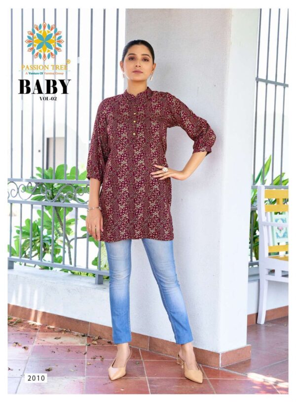 passion tree  - baby vol-2   passion tree baby vol 2 2001 2012 series rayon casual wear short top supplier surat 11 2025 06 02 15 14 12.jpg passion tree baby vol-2 2001-2012 series rayon casual wear short top supplier surat Catalogue Name : 2nd Jun 2025 Name of Product : passion tree  - baby vol-2  No of Design : 12 Piece (MOQ : 1 Set) Product Rate Per Piece : ₹ 220 / Per Piece Product Full Catalogue Rate : ₹ 2640 (GST Extra) Full Catalogue Weight : 6 KG Product Type & Size: XS | XL XXL | S | M | L | XL | XXL | XXXL Product Details: 
					 
PASSION TREE


 Catalogue name:                                                    BABY VOL-2
       (SHORT TOPS)

Details
Fabrics Heavy Reyon Fabric

Size S(18) M(19) L(20) XL(21) XXL(22) 3Xl(23) 4XL(24) 5XL(25)
  
Length  30 to 32

Designs 12 pcs

Rate : 220/- + GST

SET TO SET ONLY


 