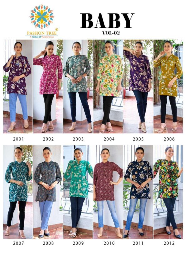 passion tree  - baby vol-2   passion tree baby vol 2 2001 2012 series rayon casual wear short top supplier surat 7 2025 06 02 15 14 12.jpg passion tree baby vol-2 2001-2012 series rayon casual wear short top supplier surat Catalogue Name : 2nd Jun 2025 Name of Product : passion tree  - baby vol-2  No of Design : 12 Piece (MOQ : 1 Set) Product Rate Per Piece : ₹ 220 / Per Piece Product Full Catalogue Rate : ₹ 2640 (GST Extra) Full Catalogue Weight : 6 KG Product Type & Size: XS | XL XXL | S | M | L | XL | XXL | XXXL Product Details: 
					 
PASSION TREE


 Catalogue name:                                                    BABY VOL-2
       (SHORT TOPS)

Details
Fabrics Heavy Reyon Fabric

Size S(18) M(19) L(20) XL(21) XXL(22) 3Xl(23) 4XL(24) 5XL(25)
  
Length  30 to 32

Designs 12 pcs

Rate : 220/- + GST

SET TO SET ONLY


 
