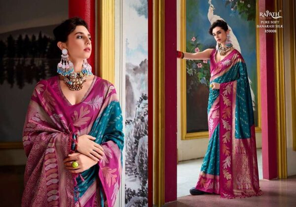 rajpath - leaf silk   rajpath leaf silk banarasi silk with exclusive weaving work saree exporter surat 5 2025 06 02 16 26 19.jpg rajpath leaf silk banarasi silk with exclusive weaving work saree exporter surat Catalogue Name : 2nd Jun 2025 Name of Product : rajpath - leaf silk  No of Design : 8 Piece (MOQ : 1 Set) Product Rate Per Piece : ₹ 1595 / Per Piece Product Full Catalogue Rate : ₹ 12760 (GST Extra) Full Catalogue Weight : 8 KG Product Type & Size: unstitched Product Details: 
					 This Saree Is Made From Banarasi Silk  Fabric Which Gives A Comfortable Feel To The Wearer. It Is Available In Bohemian Style That Makes It More Fashionable To Wear In Parties Or Functions.

Brand :  Rajpath

Catalog: Leaf Silk

Series :850001 To 850008

Saree :   Banarasi Silk Tissue With Beutifull Weaving Work  & Contrast Border

Blouse : Contrast Silk

Price : 1595/-+5%GST

Occasion : Festive and Partywear
 