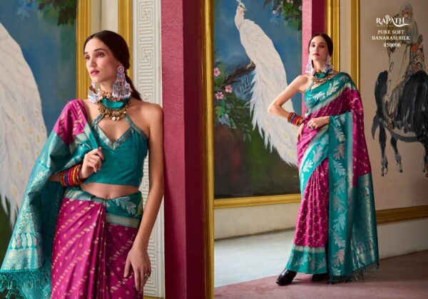 rajpath - leaf silk   rajpath leaf silk banarasi silk with exclusive weaving work saree exporter surat 8 2025 06 02 16 26 19.jpg rajpath leaf silk banarasi silk with exclusive weaving work saree exporter surat Catalogue Name : 2nd Jun 2025 Name of Product : rajpath - leaf silk  No of Design : 8 Piece (MOQ : 1 Set) Product Rate Per Piece : ₹ 1595 / Per Piece Product Full Catalogue Rate : ₹ 12760 (GST Extra) Full Catalogue Weight : 8 KG Product Type & Size: unstitched Product Details: 
					 This Saree Is Made From Banarasi Silk  Fabric Which Gives A Comfortable Feel To The Wearer. It Is Available In Bohemian Style That Makes It More Fashionable To Wear In Parties Or Functions.

Brand :  Rajpath

Catalog: Leaf Silk

Series :850001 To 850008

Saree :   Banarasi Silk Tissue With Beutifull Weaving Work  & Contrast Border

Blouse : Contrast Silk

Price : 1595/-+5%GST

Occasion : Festive and Partywear
 