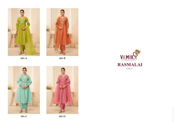 vamika - rasmalai vol-1   vamika rasmalai vol 1 colors cambric cotton with heavy handwork latest designer readymade salwar suit collection surat 4 2025 06 02 12 52 24.jpg vamika rasmalai vol-1 colors cambric cotton with heavy handwork latest designer readymade salwar suit collection surat Catalogue Name : 2nd Jun 2025 Name of Product : vamika - rasmalai vol-1  No of Design : 4 Piece (MOQ : 1 Set) Product Rate Per Piece : ₹ 1095 / Per Piece Product Full Catalogue Rate : ₹ 4380 (GST Extra) Full Catalogue Weight : 4 KG Product Type & Size: M | L | XL | XXL Product Details: 
					 Dear Sir/Madam
Vamika

Presents 
For This season Presenting Exclusive Super Hit Cermric Cotton 60*60 With Hand work
Catalogue Name:-
Rasmalai Vol-01
(4 Pcs )
(D.NO.601A To 601D)

Fabrics Details:-
Top:- Hevy Cemric 60*60 Cemric Cotton With Hevy Work With Hand Work With Cotton Inner

Bottom:-Hevy Cemric 60*60 Cotton

DUPPATTA:- Hevy Organza Ton to ton With Arco Work

Size- M-38, L-40, XL-42, XXL-44,

Des.Total:-4Pcs

Rate:-1095-(GST EXTRA)

Dispatch:-Ready

Hurry Up Book your Order Now

 Thanks For Your Kind Support 

Regard:-
Vamika