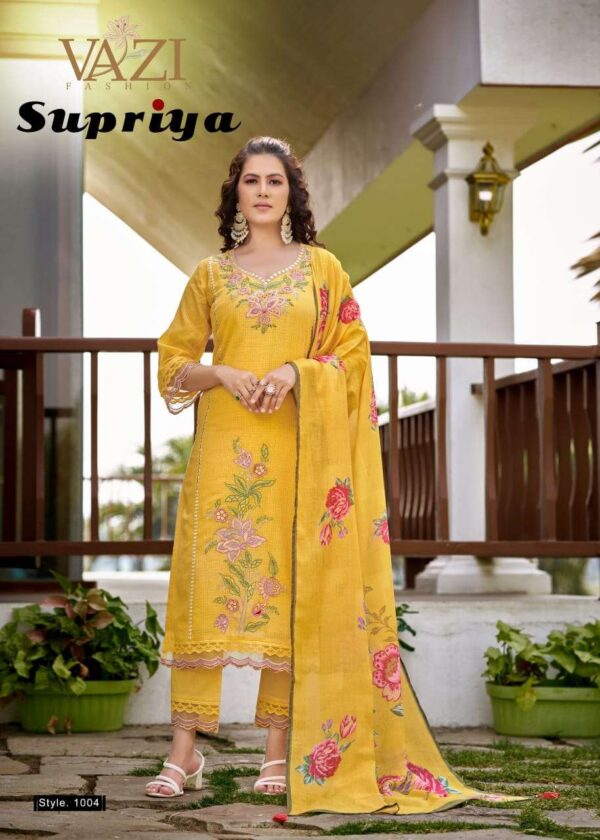 vazi fashion - supriya   vazi fashion supriya fancy thread and handwork casual wear readymade kurti supplier 0 2025 06 03 16 36 23.jpg vazi fashion supriya fancy thread and handwork casual wear readymade kurti supplier  Catalogue Name : 3rd Jun 2025 Name of Product : vazi fashion - supriya  No of Design : 4 Piece (MOQ : 1 Set) Product Rate Per Piece : ₹ 1499 / Per Piece Product Full Catalogue Rate : ₹ 5996 (GST Extra) Full Catalogue Weight : 4 KG Product Type & Size: M | L | XL | XXL | XXXL Product Details: 
					 PREMIUM  LUXURY Summer COLLECTION
               BY 
 VAZI FASHION 
Lunched new catlouge

Supriya
       

Quality 
TOP
Fabric PURE  KOTA CHECKS  
Designer  style
 
WORK DESGINER FANCY THERD +    Hand work +Accessory WoRK* + LACES 

BOTTOM  PANT PURE  COTTON with  EMB Laces  
In 

DUPPTA PURE  MALL COTTON PRINT WITH LATKAN

LINING MUL COTTON 
Fully stiched Kurtis & pant & Duppta 

3psc
   Size:  
            M-38
            L- 40
           XL-42
         2XL-44
         3XL-46 

RATE 1499₹/-

DNO:- 4 PSC

 
DISPATCHED AFTER 5 day dispched

 
Booking started  from now
Order yours
 