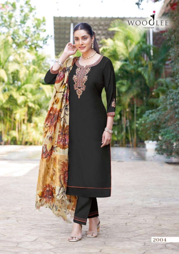 wooglee fashion - abhilasha   wooglee abhilasha 2001 2005 series viscose thred work salwar suit supplier surat 1 2025 06 02 16 20 30.jpg wooglee abhilasha 2001-2005 series viscose thred work salwar suit supplier surat Catalogue Name : 2nd Jun 2025 Name of Product : wooglee fashion - abhilasha  No of Design : 5 Piece (MOQ : 1 Set) Product Rate Per Piece : ₹ 995 / Per Piece Product Full Catalogue Rate : ₹ 4975 (GST Extra) Full Catalogue Weight : 5 KG Product Type & Size: S | M | L | XL | XXL | XXXL Product Details: 
					 
Label : WOOGLEE
Catalog : Abhilasha
Design : 5
Top  : Viscose Wevaing
Work : Thread & Hand work
Bottom : Viscose Wevaing
Duptta : Lagdi Musline Print
Size :  S(36), M(38), L(40), XL(42), XXL(44), 3XL(46)

Rate : Rs 995 / Pic + GST

Dispatch with in 3-4 days
 