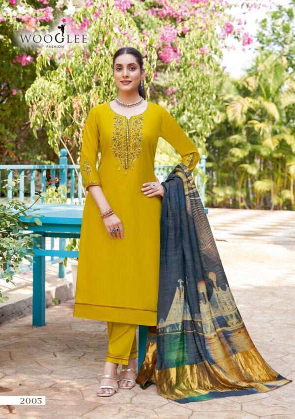 wooglee fashion - abhilasha   wooglee abhilasha 2001 2005 series viscose thred work salwar suit supplier surat 2 2025 06 02 16 20 30.jpg wooglee abhilasha 2001-2005 series viscose thred work salwar suit supplier surat Catalogue Name : 2nd Jun 2025 Name of Product : wooglee fashion - abhilasha  No of Design : 5 Piece (MOQ : 1 Set) Product Rate Per Piece : ₹ 995 / Per Piece Product Full Catalogue Rate : ₹ 4975 (GST Extra) Full Catalogue Weight : 5 KG Product Type & Size: S | M | L | XL | XXL | XXXL Product Details: 
					 
Label : WOOGLEE
Catalog : Abhilasha
Design : 5
Top  : Viscose Wevaing
Work : Thread & Hand work
Bottom : Viscose Wevaing
Duptta : Lagdi Musline Print
Size :  S(36), M(38), L(40), XL(42), XXL(44), 3XL(46)

Rate : Rs 995 / Pic + GST

Dispatch with in 3-4 days
 