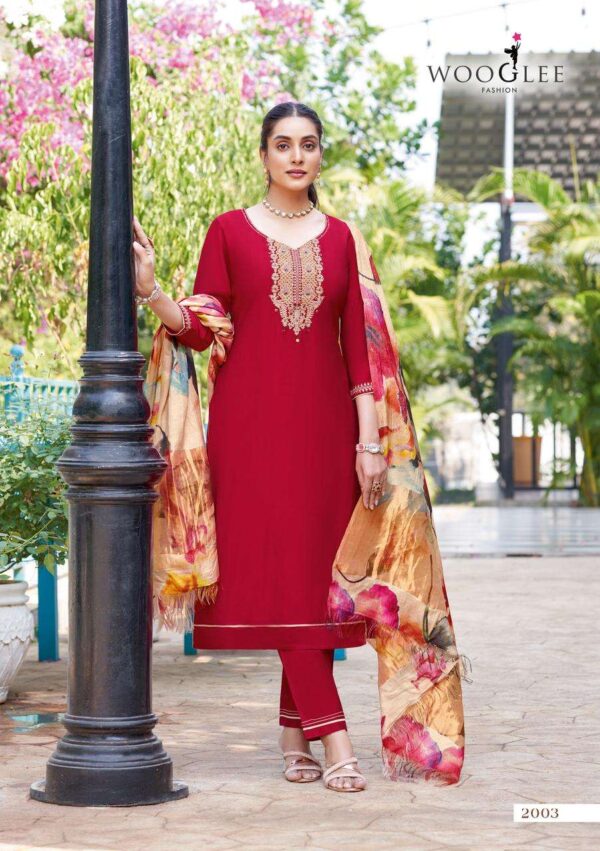 wooglee fashion - abhilasha   wooglee abhilasha 2001 2005 series viscose thred work salwar suit supplier surat 4 2025 06 02 16 20 30.jpg wooglee abhilasha 2001-2005 series viscose thred work salwar suit supplier surat Catalogue Name : 2nd Jun 2025 Name of Product : wooglee fashion - abhilasha  No of Design : 5 Piece (MOQ : 1 Set) Product Rate Per Piece : ₹ 995 / Per Piece Product Full Catalogue Rate : ₹ 4975 (GST Extra) Full Catalogue Weight : 5 KG Product Type & Size: S | M | L | XL | XXL | XXXL Product Details: 
					 
Label : WOOGLEE
Catalog : Abhilasha
Design : 5
Top  : Viscose Wevaing
Work : Thread & Hand work
Bottom : Viscose Wevaing
Duptta : Lagdi Musline Print
Size :  S(36), M(38), L(40), XL(42), XXL(44), 3XL(46)

Rate : Rs 995 / Pic + GST

Dispatch with in 3-4 days
 