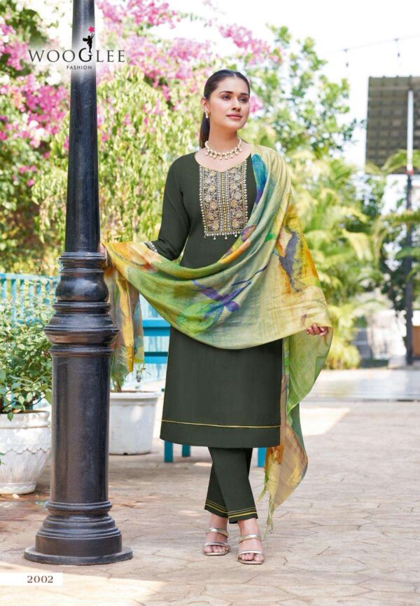 wooglee fashion - abhilasha   wooglee abhilasha 2001 2005 series viscose thred work salwar suit supplier surat 7 2025 06 02 16 20 30.jpg wooglee abhilasha 2001-2005 series viscose thred work salwar suit supplier surat Catalogue Name : 2nd Jun 2025 Name of Product : wooglee fashion - abhilasha  No of Design : 5 Piece (MOQ : 1 Set) Product Rate Per Piece : ₹ 995 / Per Piece Product Full Catalogue Rate : ₹ 4975 (GST Extra) Full Catalogue Weight : 5 KG Product Type & Size: S | M | L | XL | XXL | XXXL Product Details: 
					 
Label : WOOGLEE
Catalog : Abhilasha
Design : 5
Top  : Viscose Wevaing
Work : Thread & Hand work
Bottom : Viscose Wevaing
Duptta : Lagdi Musline Print
Size :  S(36), M(38), L(40), XL(42), XXL(44), 3XL(46)

Rate : Rs 995 / Pic + GST

Dispatch with in 3-4 days
 