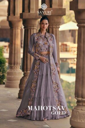 SAYURI MAHOTSAV GOLD READY TO WEAR REAL CHINON SILK INDO WESTERN DRESS