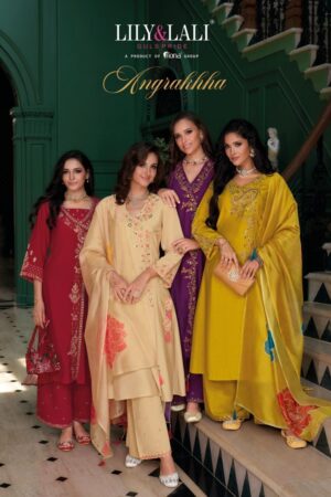 lily & lali angrakhha series 26801 to 26804 exclusive roman silk readymade plazzo style suit in wholesale surat
