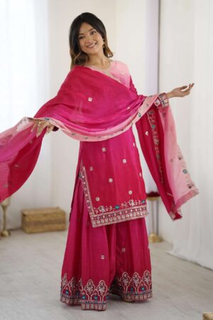 pr clothing dvd 5121 chinon readymade sequence work combo kurti sharara with dupatta in wholesale surat