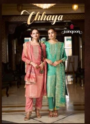 rangoon chhaya series 10141 to 10144 attractive muslin jacquard readymade suit in wholesale surat
