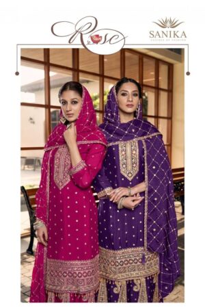 sanika fashion rose series 10015 to 10017 readymade classic chinon silk plazzo kurti with dupatta in wholesale surat