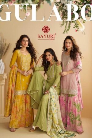 sayuri designer gulabo series 10069 to 10073 readymade festival wear chinon silk plazzo suits in wholesale surat