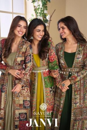 sayuri designer janvi series 5824 to 5827 georgette readymade traditional gown jackets with belt in wholesale surat