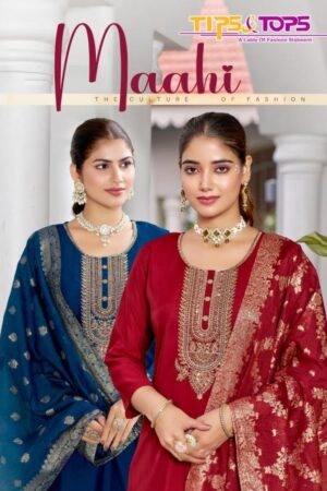 tips & tops maahi series 101 to 106 viscose roman silk readymade plus size ladies suits in wholesale surat