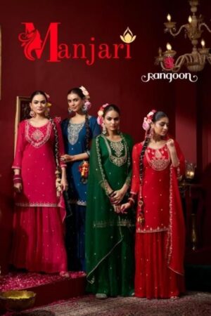manjari rangoon series 8051 to 8054 chiffon readymade stylish plazzo kurti with dupatta in wholesale surat