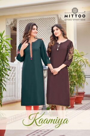 mittoo kaamiya series 1001 to 1006 popular design rayon readymade kurti in wholesale surat